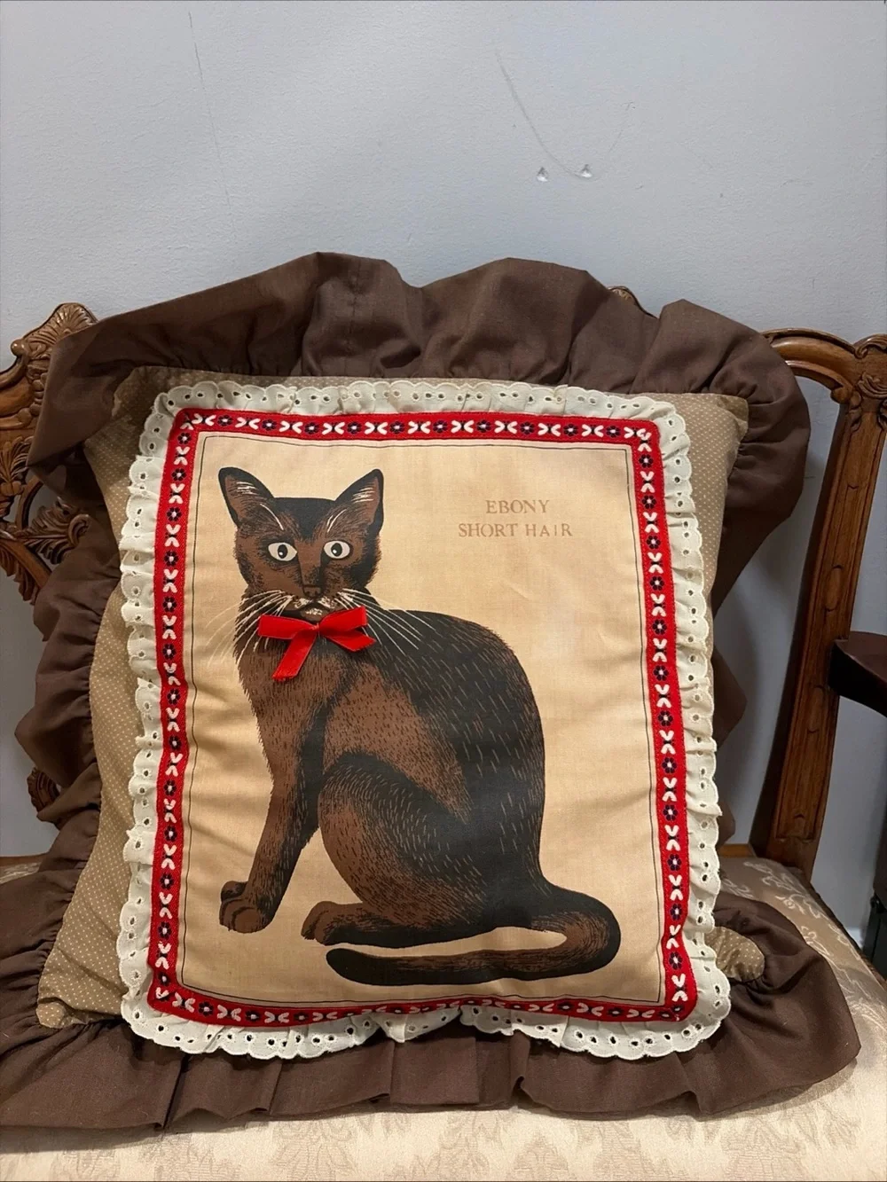 Vintage Cross Stitch Cat Pillow Brown Print 14x14 GrannyCore Cottage Kitty throw